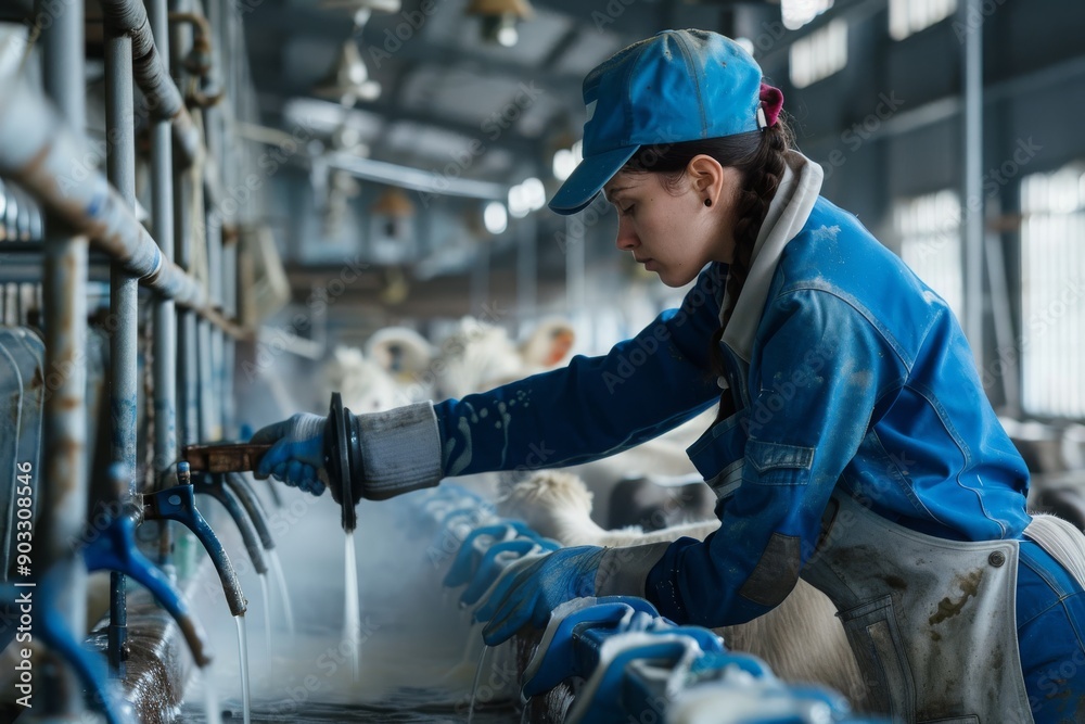 Woman Cleaning Dairy Farm Equipment Woman Cleaning Dairy Farm Equipment