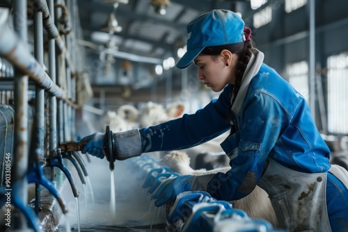 Woman Cleaning Dairy Farm Equipment