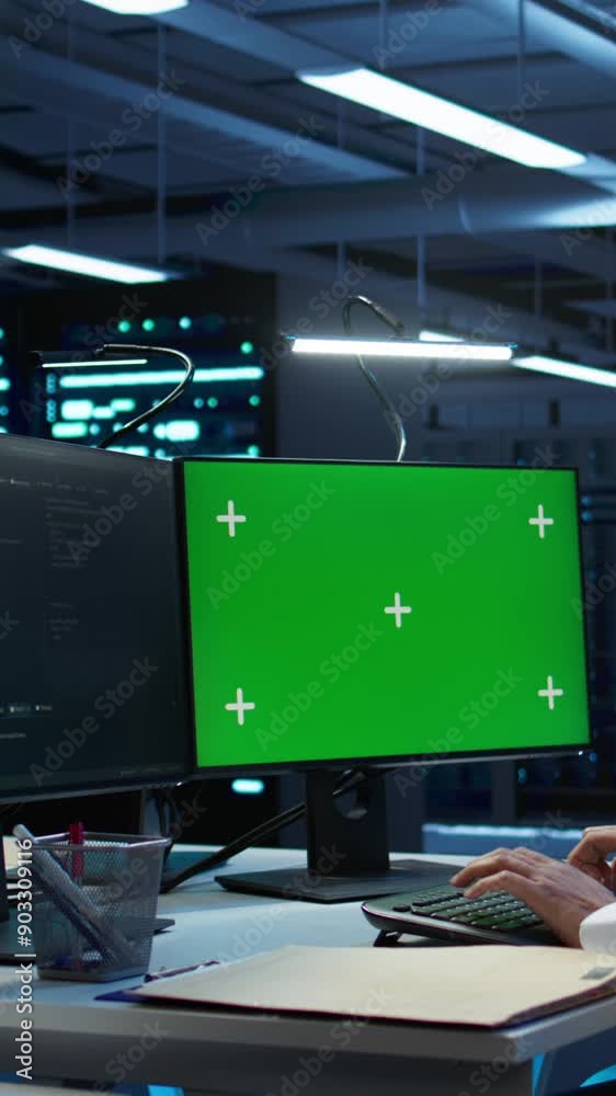 Vertical video System administrator overseeing data center using green screen computer, ensuring system can handle networking tasks. IT expert in server room tracking network traffic with mockup PC Vertical video System administrator overseeing data center using green screen computer, ensuring system can handle networking tasks. IT expert in server room tracking network traffic with mockup PC