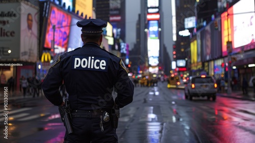 Police Officer Standing on a Busy New York City Street