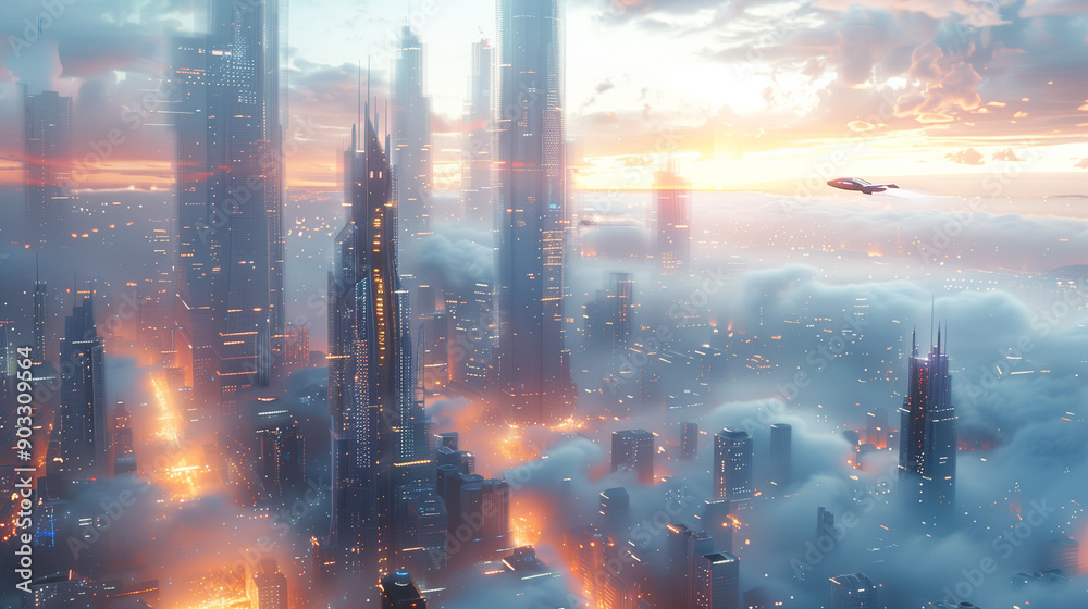 Futuristic Cityscape at Dawn with Glass and Metal Skyscrapers and a Hovering Flying Car Futuristic Cityscape at Dawn with Glass and Metal Skyscrapers and a Hovering Flying Car