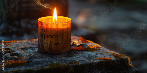 The Eternal Flame: A burning candle, its light reflecting off the marble of a grave, illuminating the words 