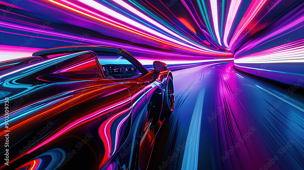 A high-speed race car in motion blur with speed lines at night time on the track A high-speed race car in motion blur with speed lines at night time on the track