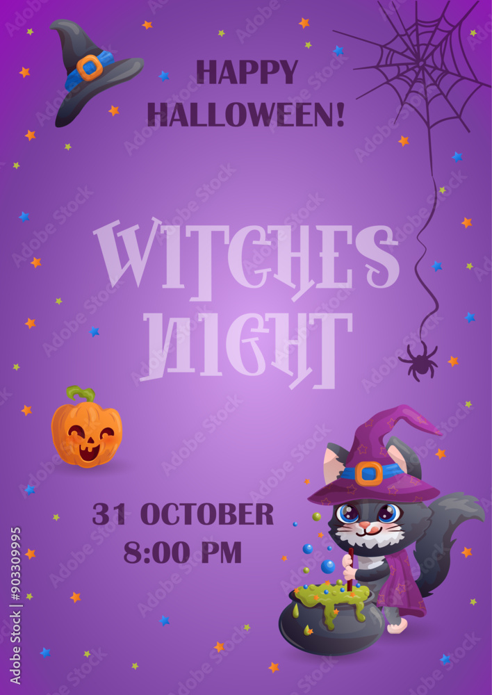Fototapeta premium Happy Halloween template with amusing cartoon black cat is making witch's potion. Witches night. Place for text. Vector illustration.