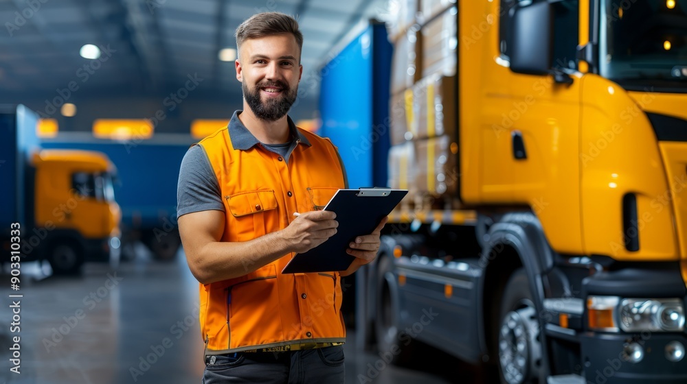 Driver checking the condition of a loaded truck trailer, with a clipboard and checklist, ensuring the safe and efficient transportation of goods, set in an industrial setting, with copy space for text Driver checking the condition of a loaded truck trailer, with a clipboard and checklist, ensuring the safe and efficient transportation of goods, set in an industrial setting, with copy space for text