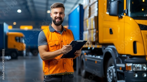 Driver checking the condition of a loaded truck trailer, with a clipboard and checklist, ensuring the safe and efficient transportation of goods, set in an industrial setting, with copy space for text