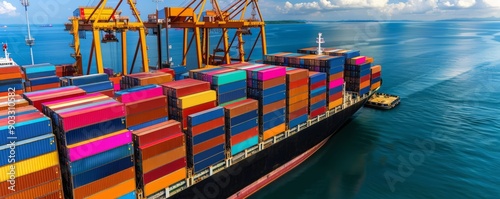 Cargo ship docking at a port with cranes unloading containers, emphasizing the global aspect of goods transportation and industrial logistics, with copy space for text photo