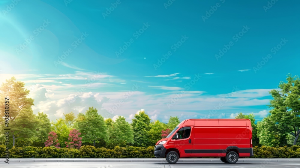 Delivery van parked at a modern rest stop with clean facilities and scenic surroundings, ready for the next leg of the journey, capturing the efficiency of modern logistics, with copy space for text Delivery van parked at a modern rest stop with clean facilities and scenic surroundings, ready for the next leg of the journey, capturing the efficiency of modern logistics, with copy space for text