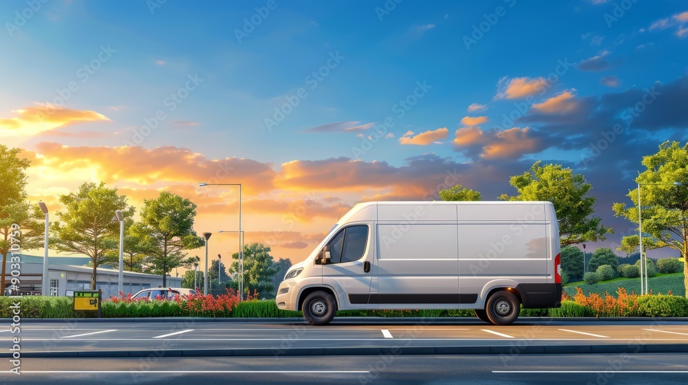 Delivery van parked at a modern rest stop with clean facilities and scenic surroundings, ready for the next leg of the journey, capturing the efficiency of modern logistics, with copy space for text Delivery van parked at a modern rest stop with clean facilities and scenic surroundings, ready for the next leg of the journey, capturing the efficiency of modern logistics, with copy space for text