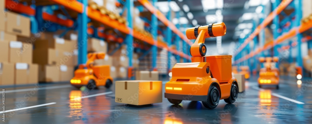 Warehouse management using advanced robotics to sort and move packages, illustrating the future of automated logistics, with copy space for text Warehouse management using advanced robotics to sort and move packages, illustrating the future of automated logistics, with copy space for text