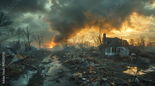 Dramatic Shot of Tornado Destruction in a Rural Area with Uprooted Trees and Debris