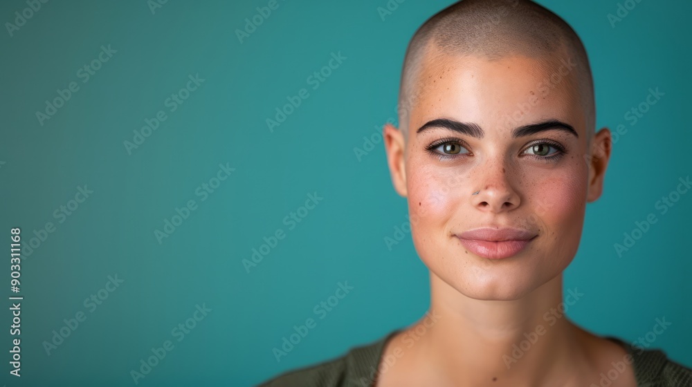 Portrait of a woman with a shaved head, exuding confidence and beauty, with a studio backdrop, with copy space for text Portrait of a woman with a shaved head, exuding confidence and beauty, with a studio backdrop, with copy space for text
