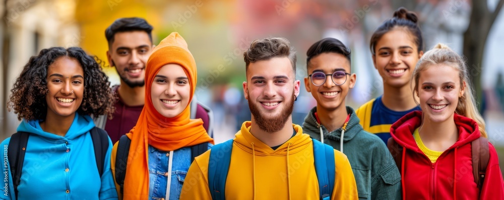 Group portrait of diverse students, each with their unique style and background, standing together on a college campus, with copy space for text Group portrait of diverse students, each with their unique style and background, standing together on a college campus, with copy space for text