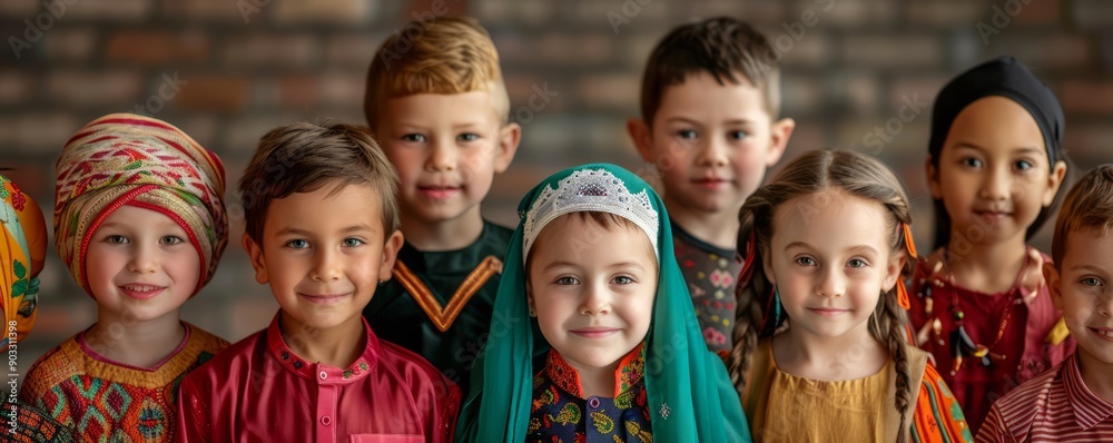 Portrait of a diverse group of children in traditional clothing from different cultures, celebrating their heritage, with copy space for text Portrait of a diverse group of children in traditional clothing from different cultures, celebrating their heritage, with copy space for text