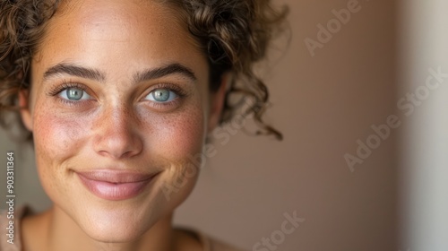 Close-up of a person with a visible birthmark, confidently displaying their unique feature, set against a neutral backdrop, with copy space for text