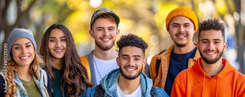 Group portrait of diverse students, each with their unique style and background, standing together on a college campus, with copy space for text © thekob5123