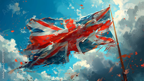 A Dynamic and Artistic Representation of the United Kingdom’s Union Jack Flag Against a Vibrant Blue Sky with Abstract Red Paint Splatters
