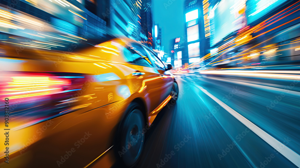 A yellow car was speeding along under a blurry street scene A yellow car was speeding along under a blurry street scene