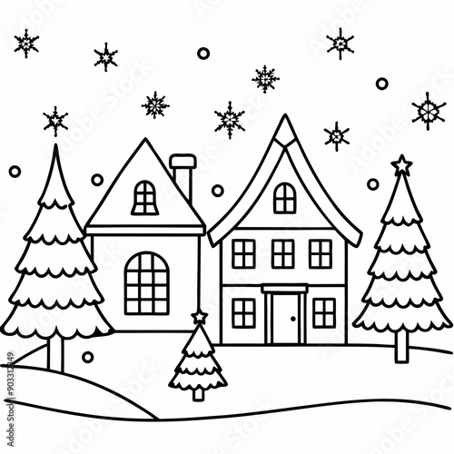 Christmas village with decorated house line art vector
