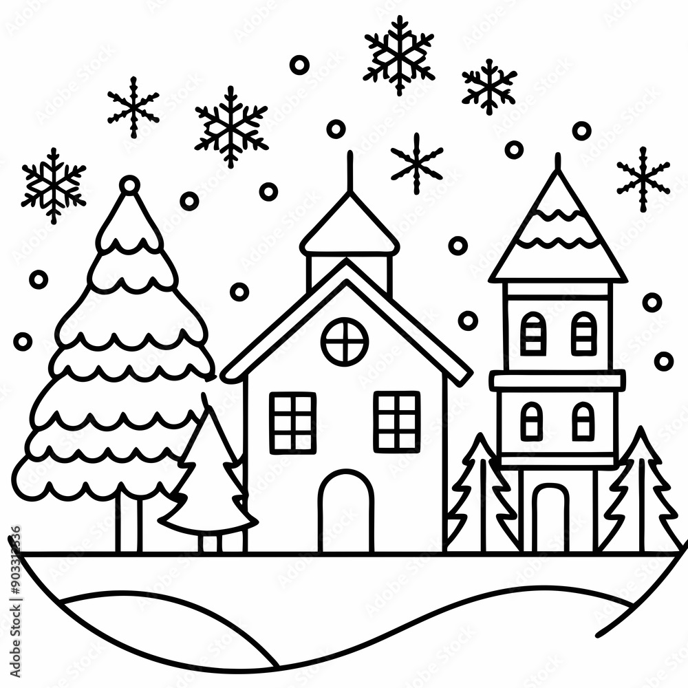 Fototapeta premium Christmas village with decorated house line art vector 