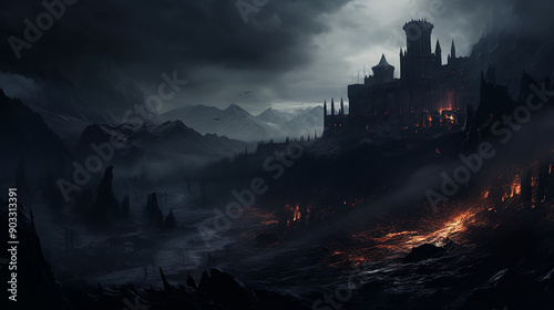 Dark Castle in Valley with Hellish Atmosphere