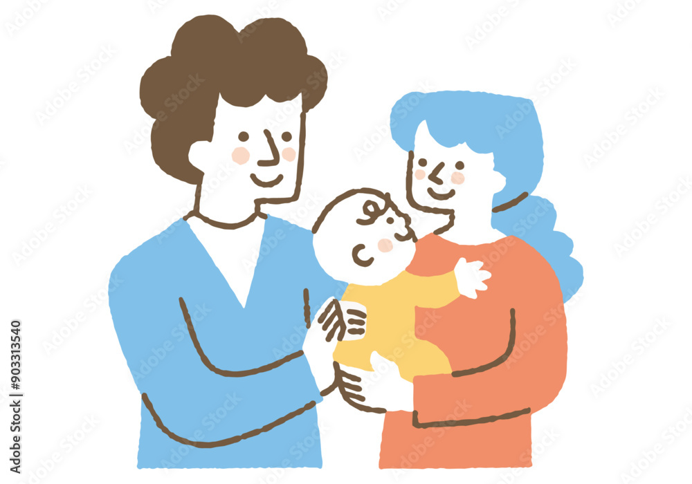Mother holding baby and father cuddling_Color Mother holding baby and father cuddling_Color