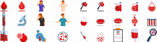 Aemia icons set. Medical set of icons representing anemia, showing symptoms, diagnosis and treatment of this disease