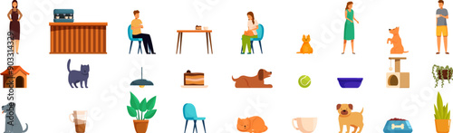 Dog cat friendly cafe icons set. People are relaxing with their dogs and cats in a pet friendly cafe