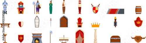Castle hall room icons set. This image showcases a vibrant array of medieval elements, featuring a king, a knight, a princess, and a jester, alongside iconic symbols and objects from that era