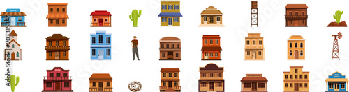 Western city buildings icons set. Cowboy character standing out of wild west building set with saloon, bank, sheriff office, windmill, cacti, and water tower