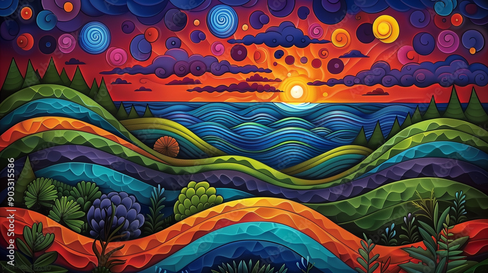 Abstract Beach Scene with Swirling Patterns and Vibrant Colors Abstract Beach Scene with Swirling Patterns and Vibrant Colors