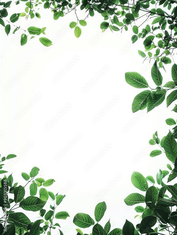 A natural frame made of leaves with a clear white sky in the background, perfect for outdoor or nature-inspired designs A natural frame made of leaves with a clear white sky in the background, perfect for outdoor or nature-inspired designs