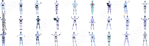 Lady robot icons set. Diverse collection of robots assuming various poses and engaging in different activities, showcasing their versatility and capabilities