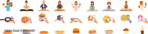 Girl taking food photo icons set. Bloggers and influencers photographing various dishes with their smartphones, creating engaging food content