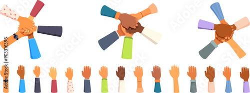 Diverse hands stack icons set. Business team joining hands together in circle. Concept of teamwork, unity, togetherness, partnership, diversity and cooperation