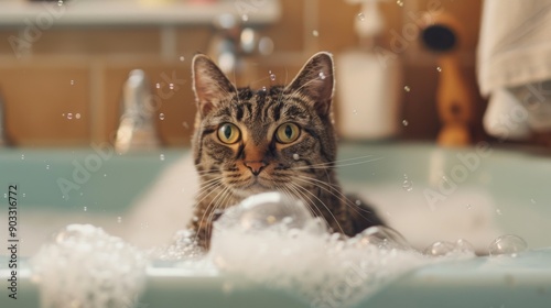 A cat sitting in a bathtub with soapy bubbles and a content expression