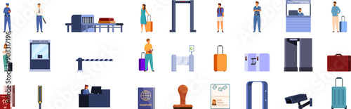 Passport border control icons set. Airport security check concept with people passing through metal detector and showing passport to border guard