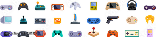 Retro gamepad icons set. Set of various devices for playing video games, including joysticks, gamepads, and consoles