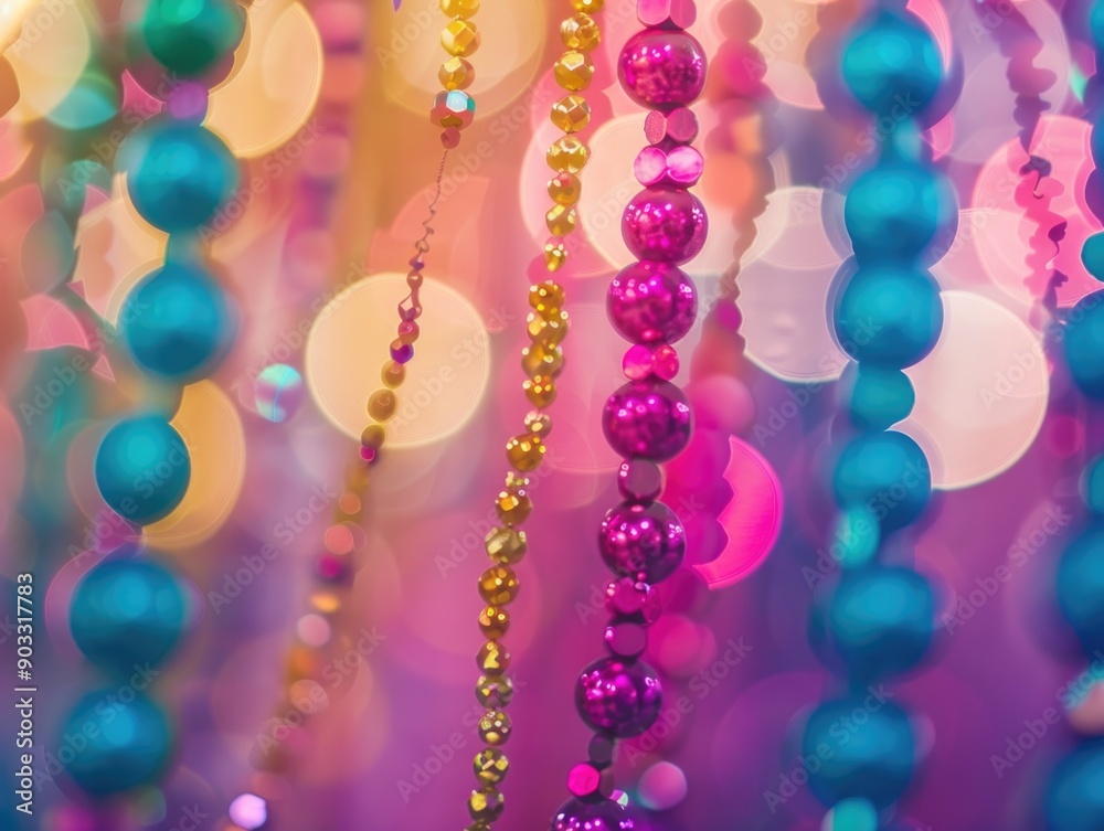 Close-up shot of colorful beads suspended from a ceiling, possibly for decorative or ceremonial purposes Close-up shot of colorful beads suspended from a ceiling, possibly for decorative or ceremonial purposes