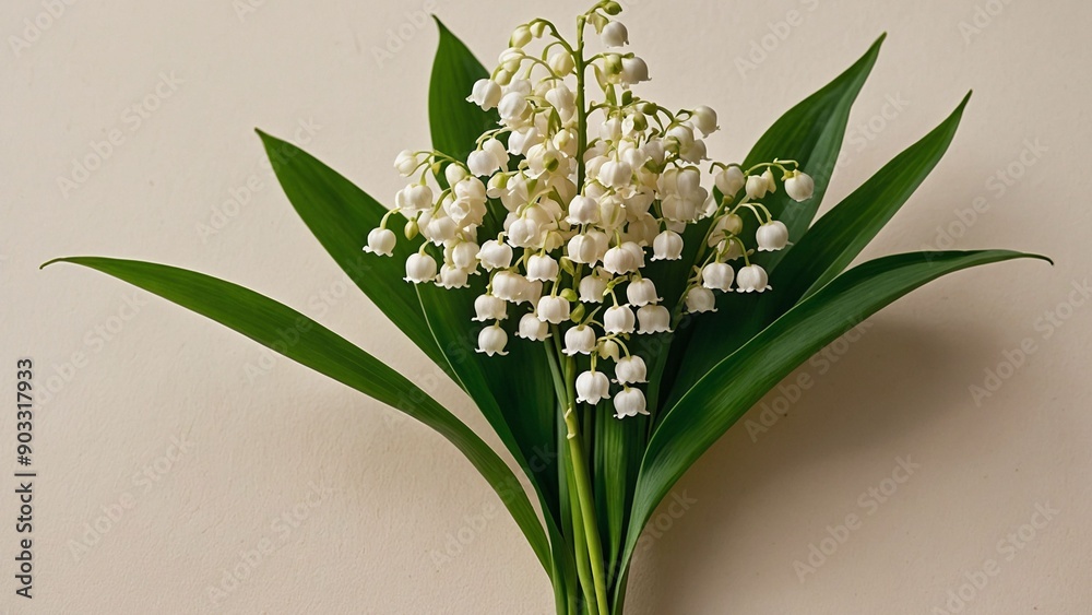 Obraz premium Lily of the Valley flower bouquet isolated on light beige background, spring garden flowers, white Lily of the valley flowers 