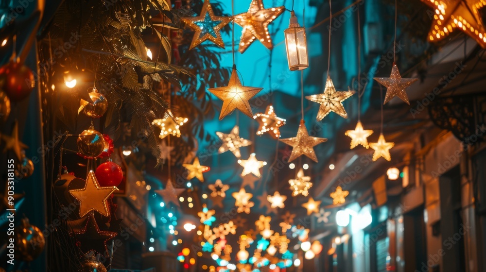 A festival street with hanging star-shaped lights and festive decorations.