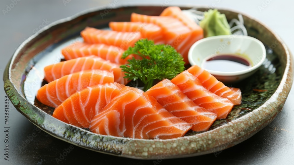 A fresh plate of salmon sashimi with soy sauce and wasabi on the side. A fresh plate of salmon sashimi with soy sauce and wasabi on the side.