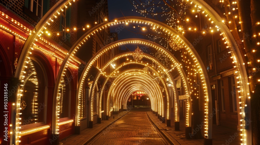 A festive street with arches of lights creating a tunnel effect. A festive street with arches of lights creating a tunnel effect.