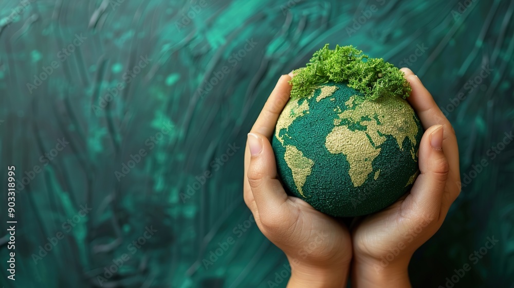 Hands Holding Earth Model with Green Plant Texture, Symbolizing Environmental Protection and Sustainability, Green Background Emphasizing Nature and Conservation Hands Holding Earth Model with Green Plant Texture, Symbolizing Environmental Protection and Sustainability, Green Background Emphasizing Nature and Conservation