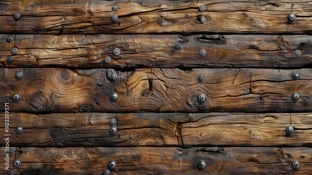 Naklejka premium Rustic wooden planks with iron nails, weathered and aged.