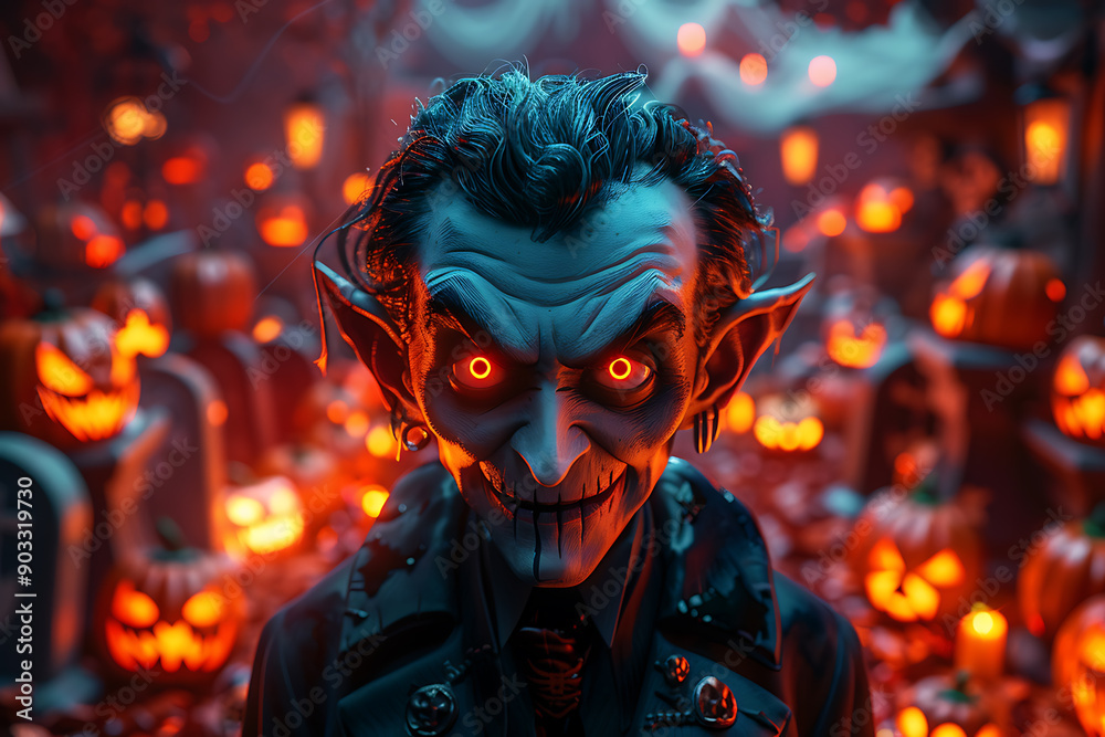 A funny 3D cartoon vampire stands in the center with a background of spider webs, pumpkins, graves, and burning candles, creating a dark but festive Halloween atmosphere A funny 3D cartoon vampire stands in the center with a background of spider webs, pumpkins, graves, and burning candles, creating a dark but festive Halloween atmosphere