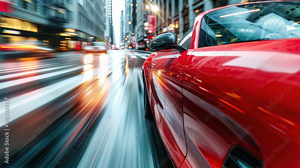 A red sports car was driving down the street at dusk