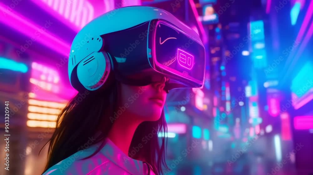 A young Asian woman wearing a white VR headset explores a neon-lit city at night. She is surrounded by vibrant colors and signs, creating a futuristic and immersive atmosphere. A young Asian woman wearing a white VR headset explores a neon-lit city at night. She is surrounded by vibrant colors and signs, creating a futuristic and immersive atmosphere.