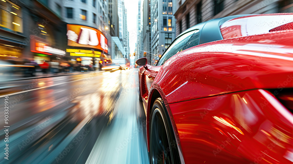 Fototapeta premium A red sports car was driving down the street at dusk