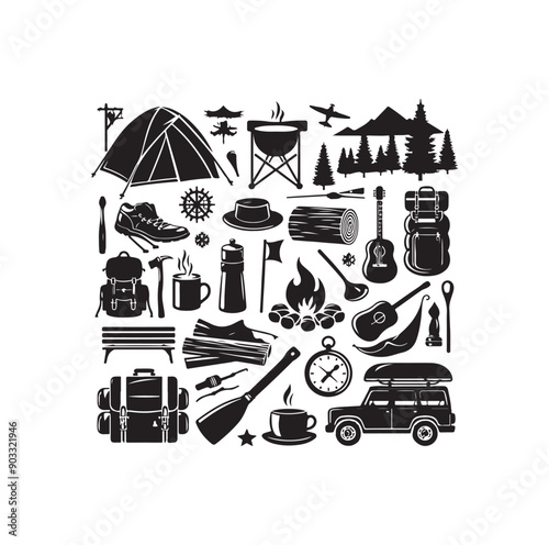 Camping elements set silhouette vector